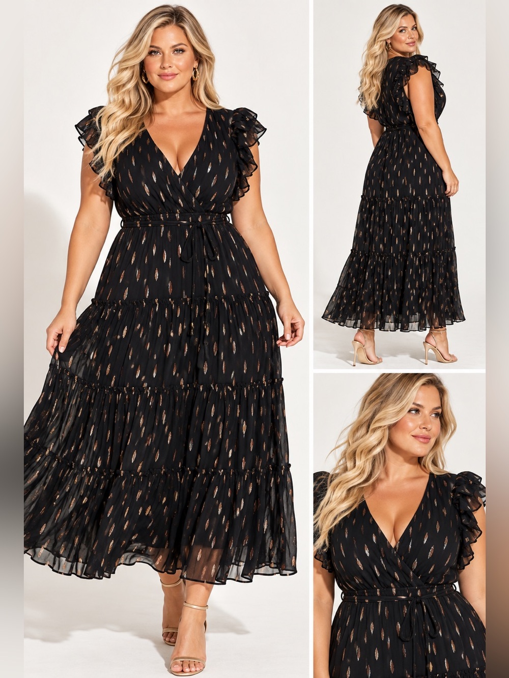 Anthropologie Midnight Shimmer Metallic Accent Tiered Midi Dress size 1X
